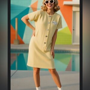 Fabrikant Vintage Yellow Knit Dress Size 12 Gold Art Buttons Hand-Finished